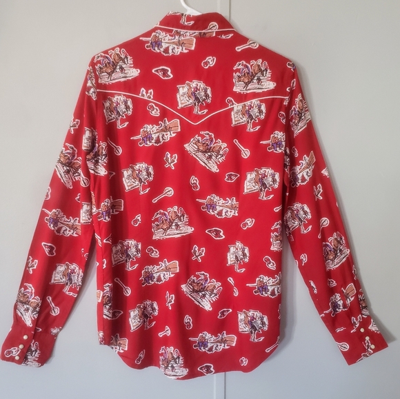 Panhandle Red Western Cowboy Rodeo Print Snap Front Vintage Top - Picture 5 of 10